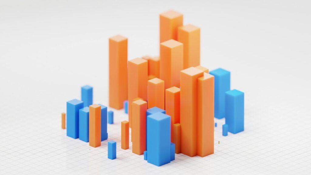 Columnas de gráfico 3D naranja y azul, mejores fondos indexados y su fiscalidad
